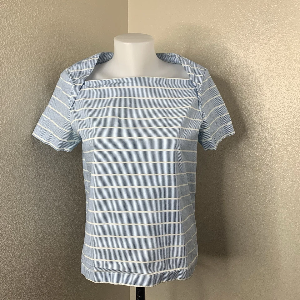 Blusa Kate Spade Saturday Let Loose Top Talla M Azul Claro Blanco Rayas Cuello Sin Cordones Foto 2 de 4