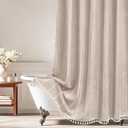 Boho Farmhouse Linen Shower Curtain with Tassels, 72