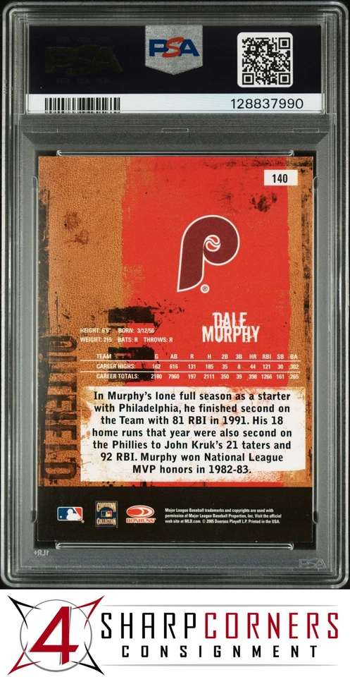 2005 DONRUSS LEATHER & LUMBER #140 DALE MURPHY POP 1 PSA 9 - Image 2 of 3
