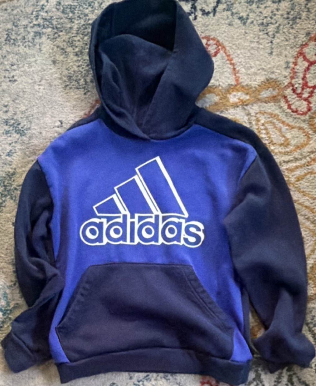 adidas Blue/Navy Kids Pullover Hoodie Size Youth L Logo Graphic Pockets Fleece