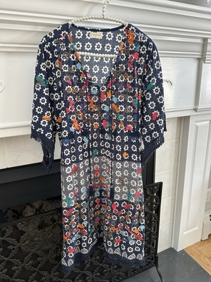 Lula Soul Blue Multicolor Embroidered Cottton Boho Peasent Dress Sequin Tassel S