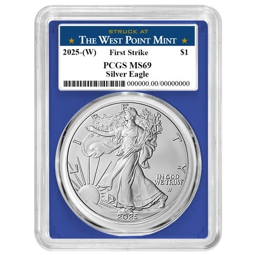 2025 (W) $1 American Silver Eagle PCGS MS69 FS West Point Label Blue Frame