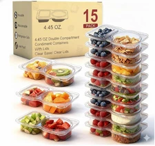 15 Set Double Compartment Condiment Containers with Lids Plastic Sauce Snack Cup