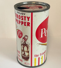 DR PEPPER Flat Top soda pop frm 1950s Old Steel can DALLAS TEXAS Recipe on side