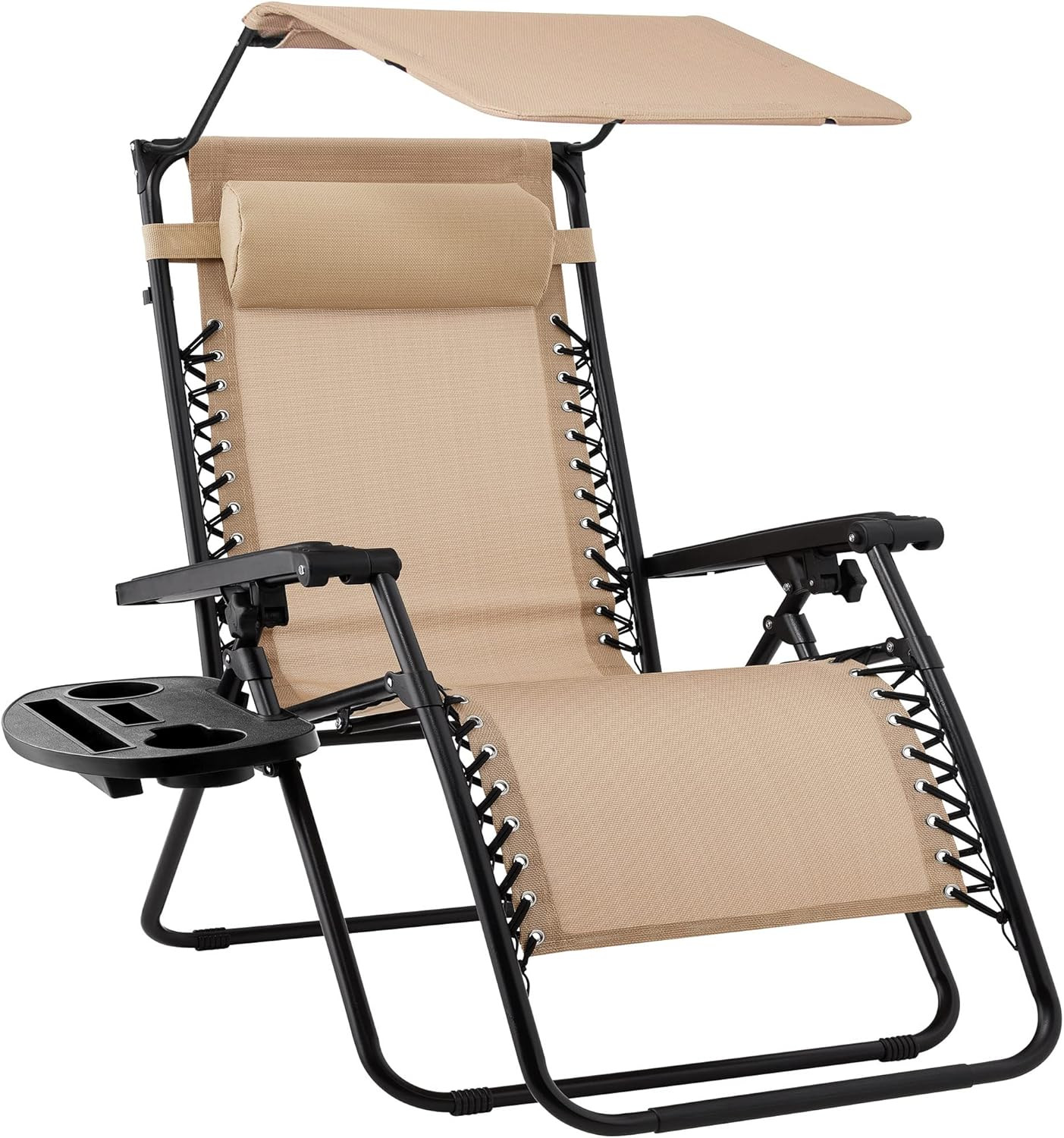 Beige Zero Gravity Recliner with Canopy, Headrest & Accessor