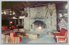Bear Mt. Inn Fireplace Postcard, NY Rustic Lodge Vintage Photochrome