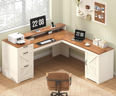 Farmhouse L Shaped Desk with Drawers and Storage Shelves, 59'' L Shape Executive