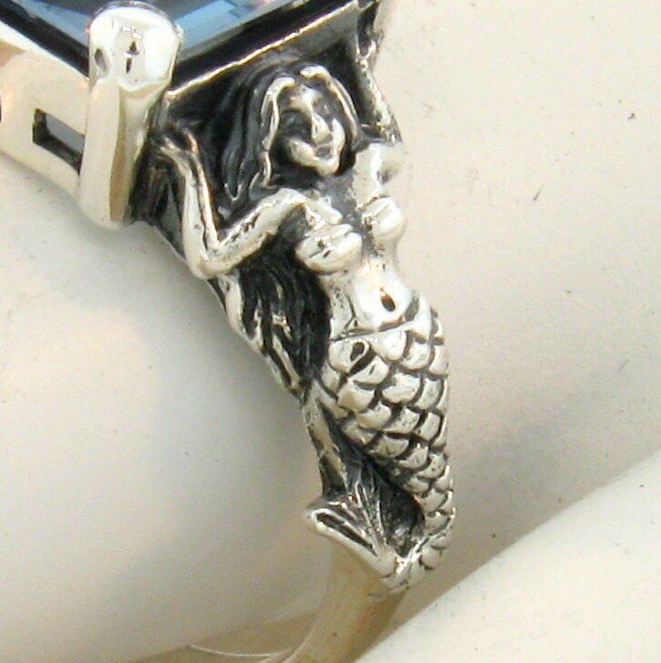 MERMAID VICTORIAN STYLE 925 STERLING SILVER SIMULATED AQUAMARINE RING       #604 View 5