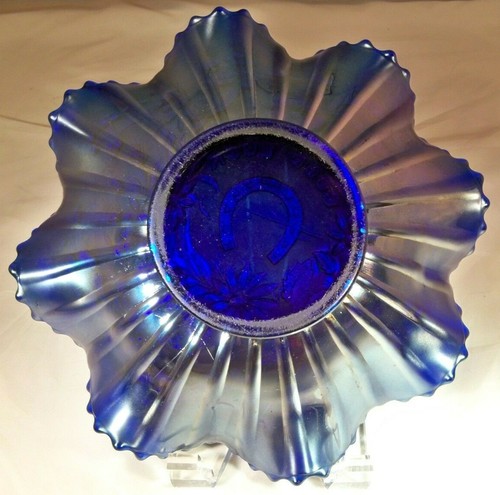 NORTHWOOD GOOD LUCK ELECTRIC BLUE IRIDESCENT 8-1/2" DIAMETER RUFFLED BOWL! - Picture 4 of 5