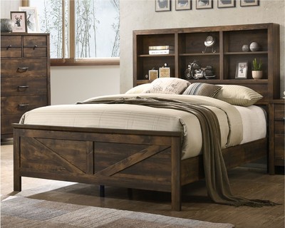 1p Set Twin Size Storage Shelf Bed Rustic Brown Finish Headboard