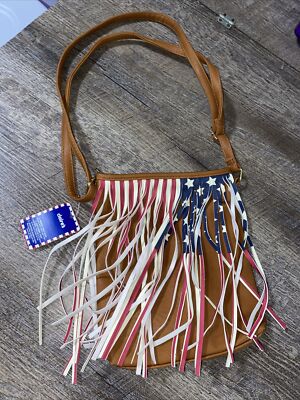 Claire s American flag faux leather red white blue fringe Crossbody bag