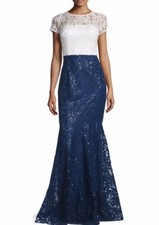 David Meister ~Blue & White Sequins Illusion Lace Mermaid Formal Gown 2 NEW $695