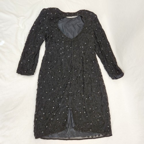 Vintage JOAN LESLIE Hollywood-Fairy-Tale Beaded Black Silk Sheath Dress Size 10. - Picture 8 of 15