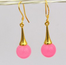 Beautiful 10mm Rose Pink Jade Round Gemstone Dangle Gold Plated Hook Earrings