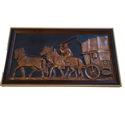 Copper Hand Forged 3D Picture 3 Horses Pulling Wagon Vintage Polish Framed Vtg