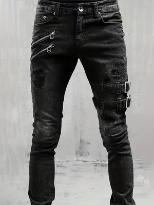 New Slim Fit Ripped Biker Jeans, Men's Casual Street Style Stretch Denim Pants