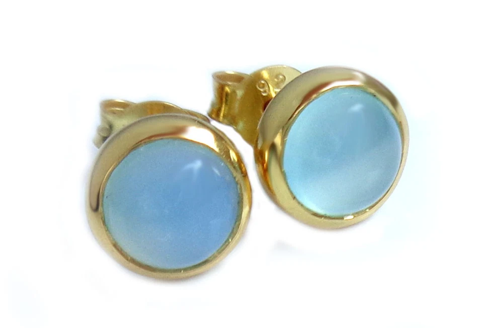 Ohrstecker Chalcedon aqua blau rund  8 mm 925er Silber vergoldet + Box Bst11