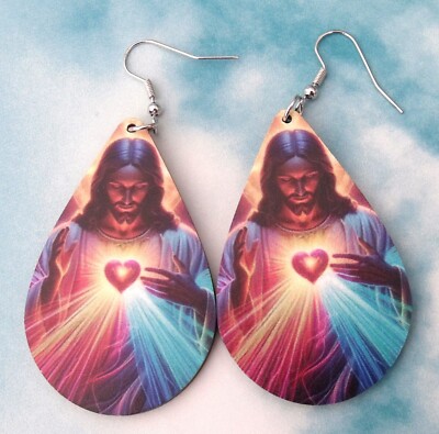 New Jesus Divine Mercy Wood Tear Drop Dangle Earrings Catholic