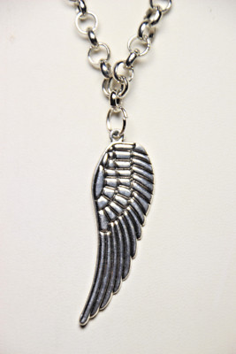 Silver Stainless Steel Chain 18'' Necklace Feather Wing 2'' Pewter Pendant Charm