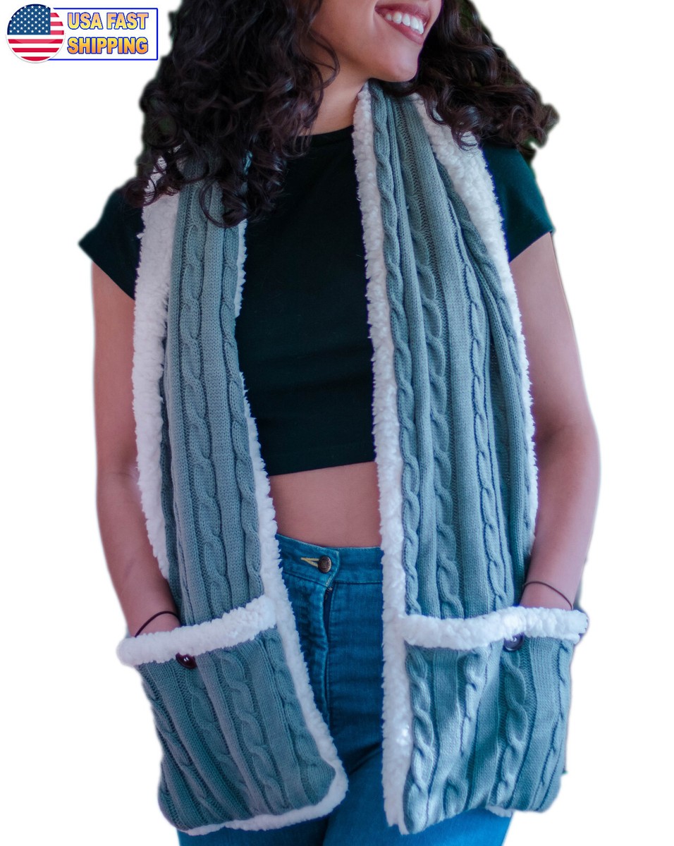 Sherpa Fleece Shawl w Oversized Pockets - Reversible Warm Cable