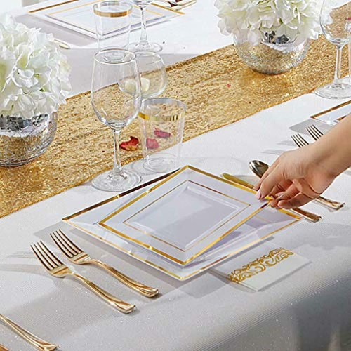 White/Gold Square Plates, Gold Plastic Silverware with Disposable Cups 150 Pcs - Picture 4 of 6