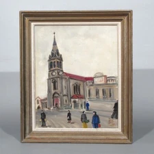 Vintage French Oil Painting, Naïve Folk Art, Church Street Scene Figures, Signed