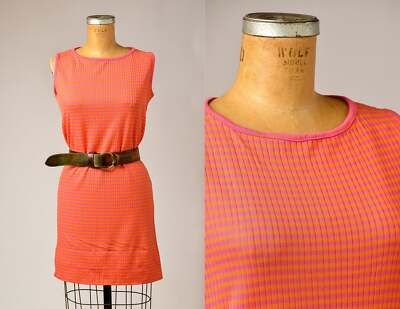 1960s Neon Stripe Dress Sherbet Pink and Orange Mod Soda Shop