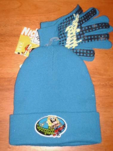 Rare Children Kids Boy Girl Nickelodeon Sponge Bob Blue Hat Gloves Size 6-8 Yrs