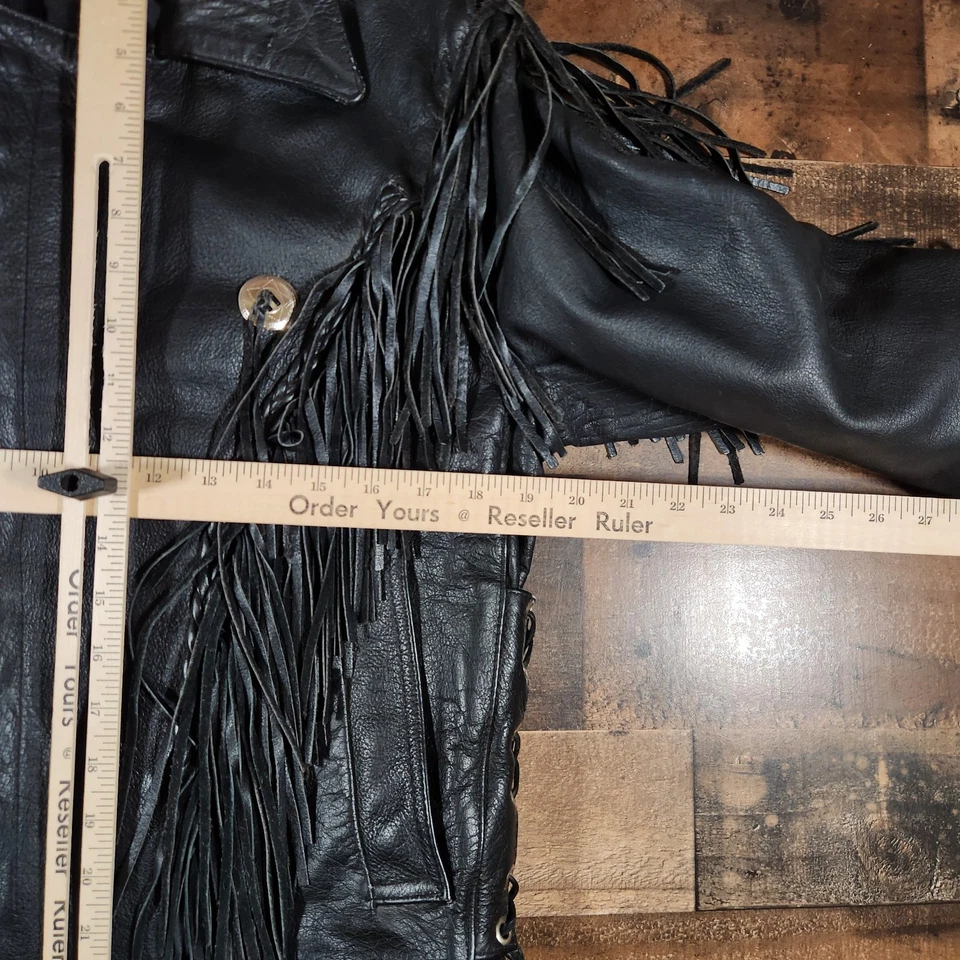 Chaqueta de motociclista vintage con flecos para mujer 38 cuero negro abrigo de motociclista occidental cremallera Foto 4 de 4