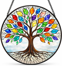 Tree of Life Stained Glass Panel round Window Hanging Art Glass Sun Catcher for