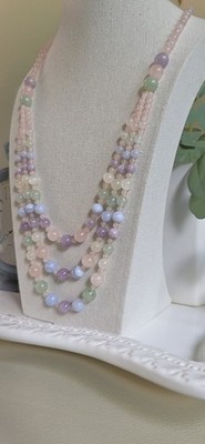 Natürlicher Edelstein Multi Strang Halskette Rosenquarz Blau Spitze Achat Amethyst