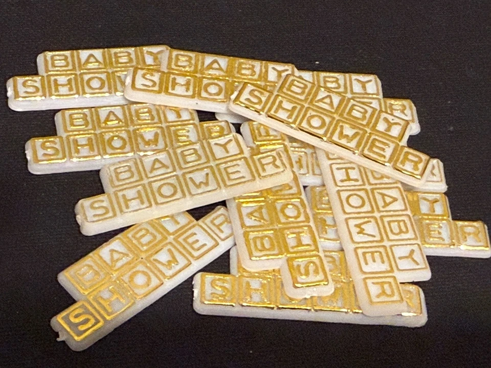 Juego de 12 adornos para pasteles de baby shower vintage de plástico blanco/dorado bloques favores NOS Foto 4 de 4