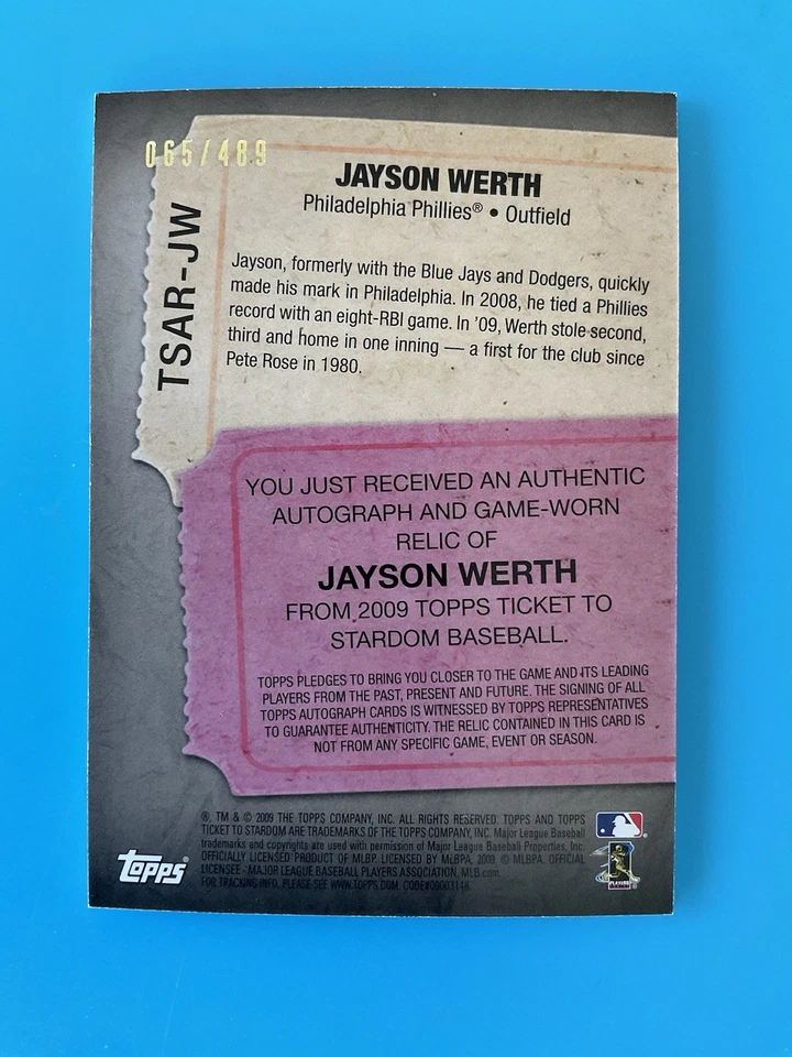 2009 Topps Ticket to Stardom Jayson Werth Bat Relic Auto /489 Phillies - Image 2 of 2