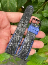 Size 24mm/20mm, Leather/Skin Stingray Watch Strap Band Black, Custom Strap