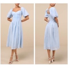 NWT Lulus Heavenly Energy Blue Textured Puff Sleeve Pleated MidiDress XL