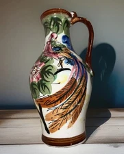 Vintage Hand Painted Floral Peacock Pottery Jug Made in Japan 7.5"