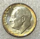 1948 D Roosevelt Dime - Rainbow Toning - Full Bands - AU/BU