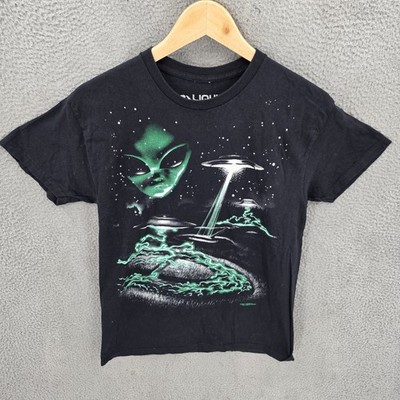 Liquid Blue Shirt Mens Medium Black Space Alien Invasion UFO Lightning