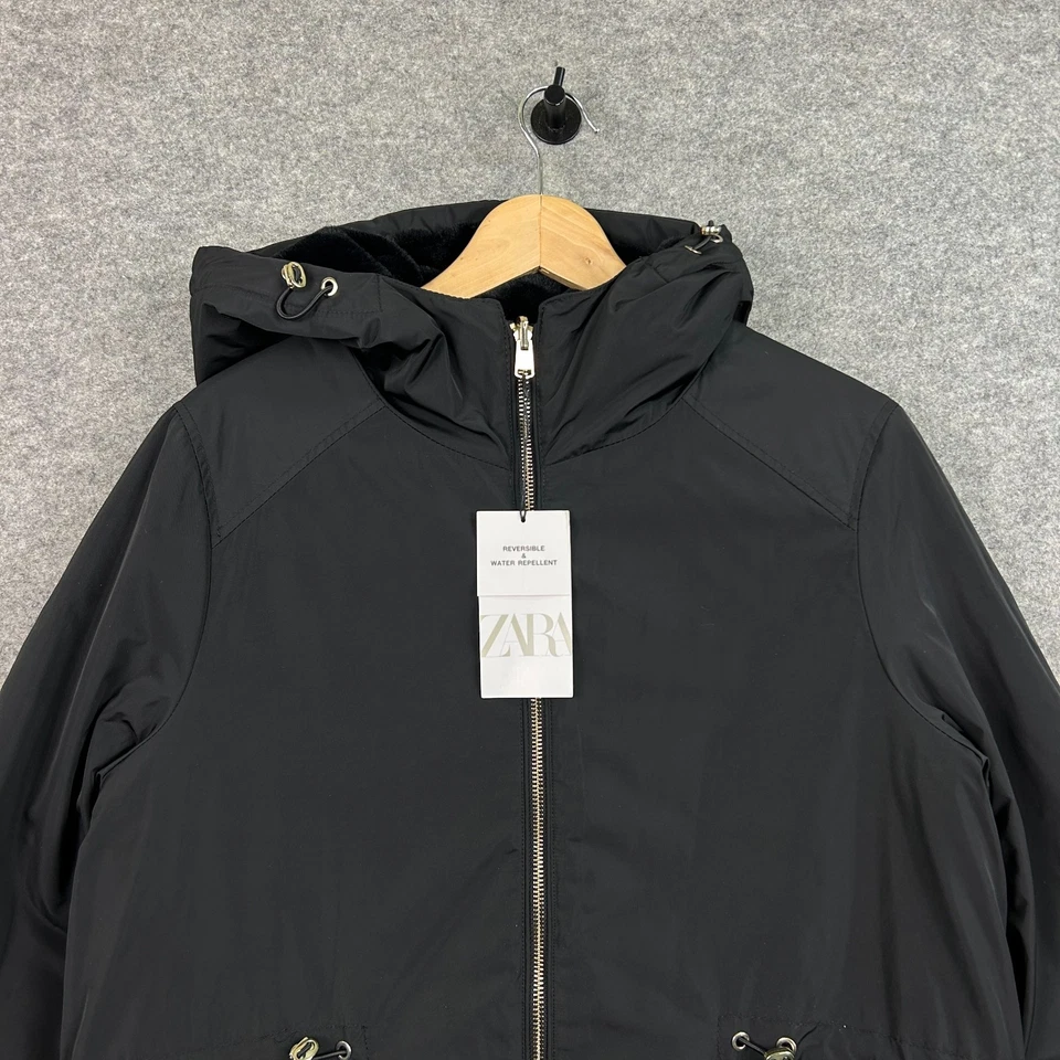Zara Jacket Womens Small Black Water Repellent Reversible Faux Fur Rain Coat - Image 3 of 4