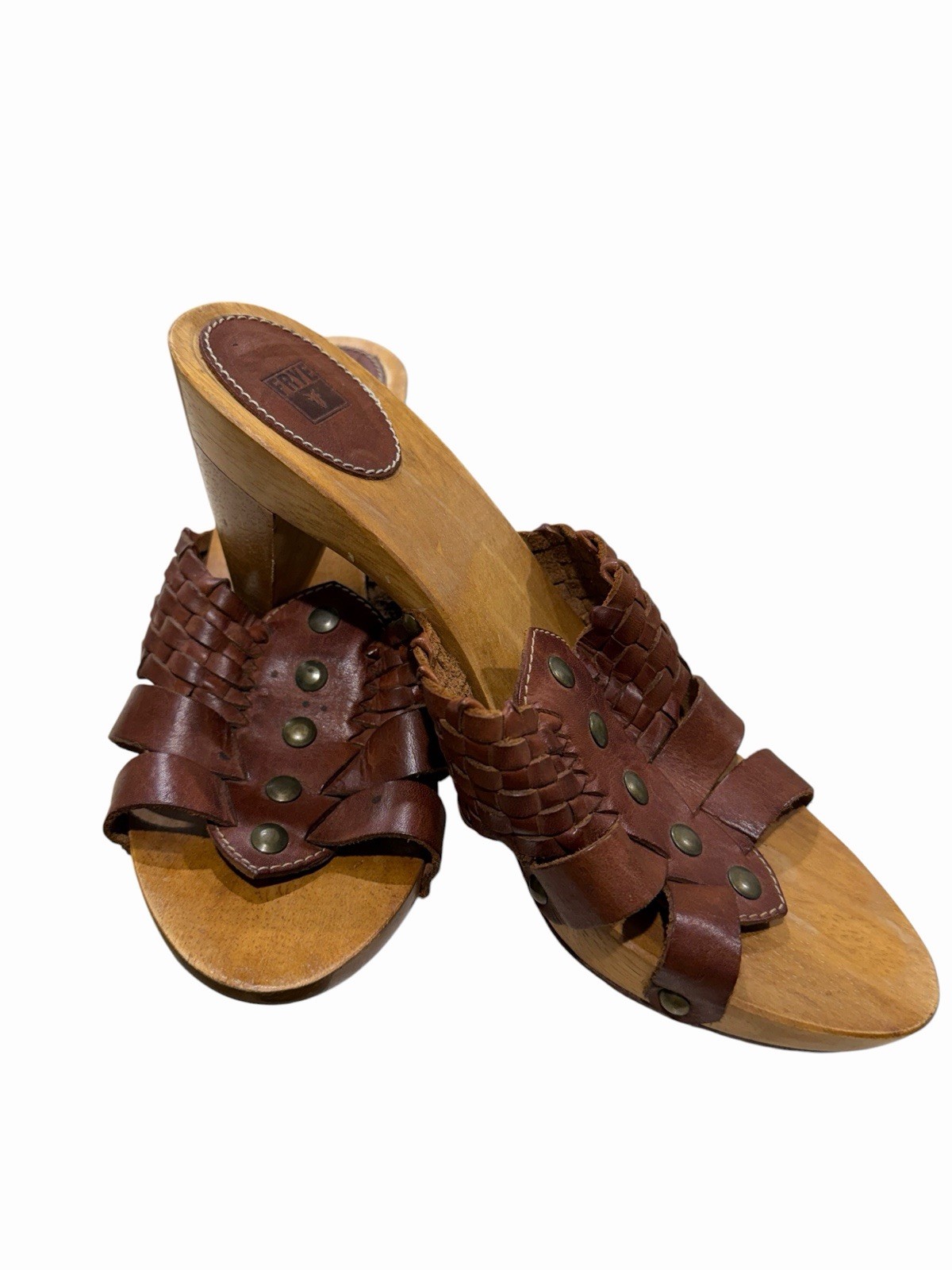 Vintage Frye Womens 9.5 Woven Leather Huarache High Heel Mule Festival Boho Sexy