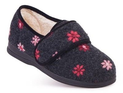 Cosyfeet Damen Slipper Holly Winter Weite Passform 6E Weite Anthrazit Blumen UK 9