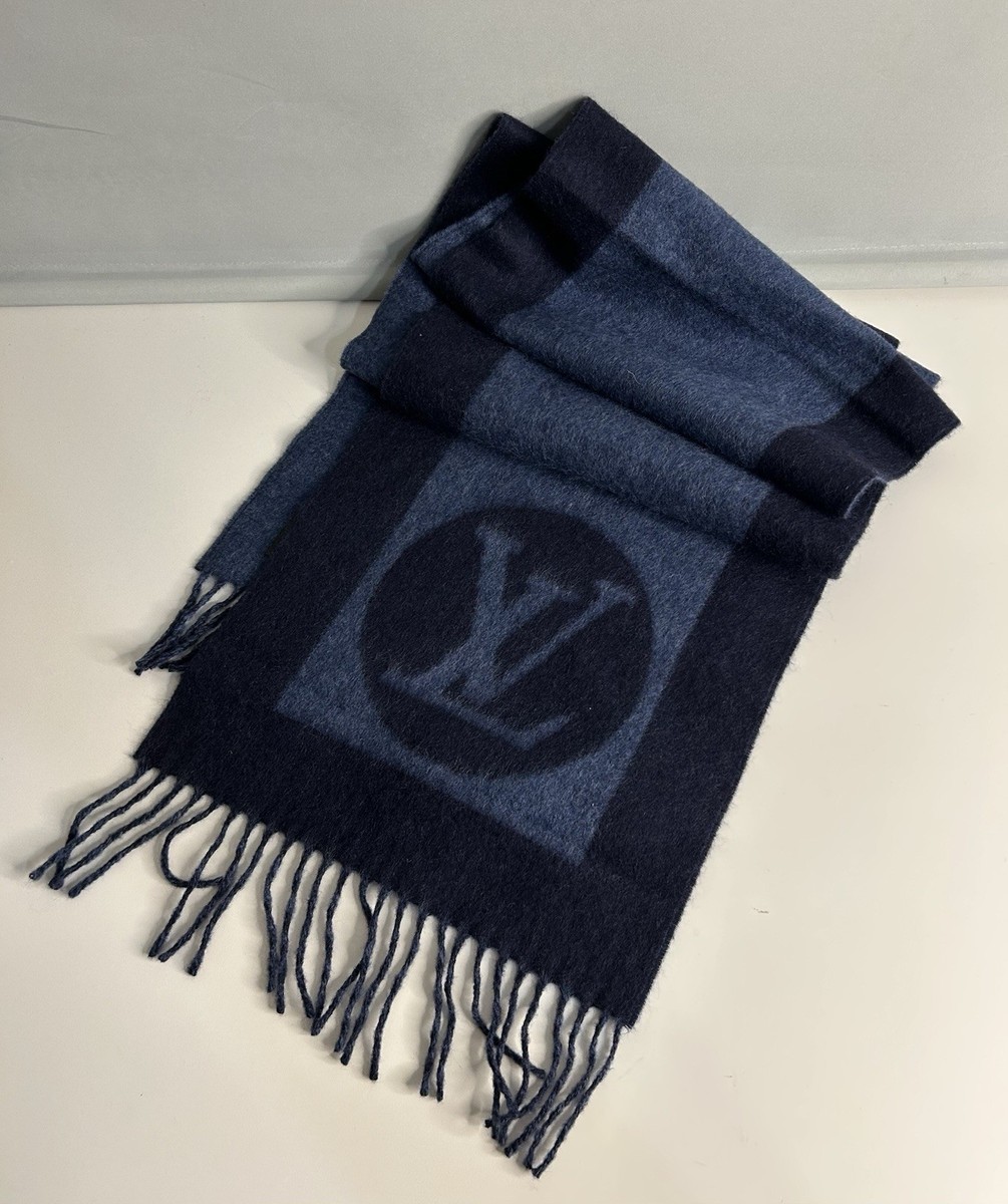 Louis Vuitton Wool Cashmere Muffler Scarf Lv Logo Blue | eBay