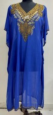 SALE BLUE BEADED EMBROIDERY HANDMADE LONG KAFTAN COSTUME ABAYA MAXI DRESS TUNIC