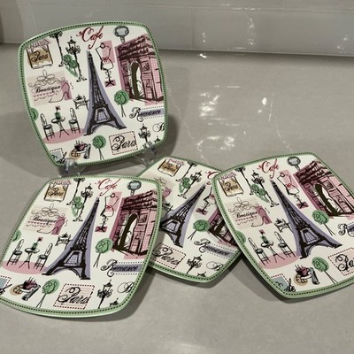 222 Fifth Tres Chic Paris Square Appetizer Plates Eiffel Tower Set of 4, 5.75''