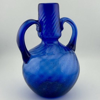 Cobalt Blue Hand-Blown Glass Amphora Vase Double Handles 6   Pontil 1970s VTG