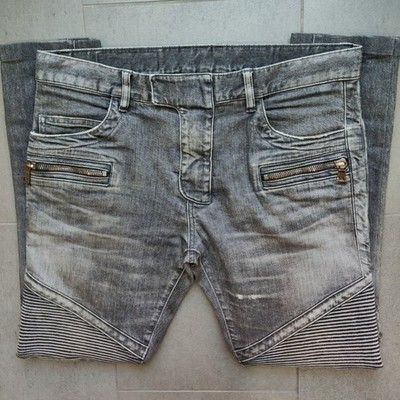 Balmain SS15 Grey Denim Moto Biker Skinny Jeans Mens 32 Japan