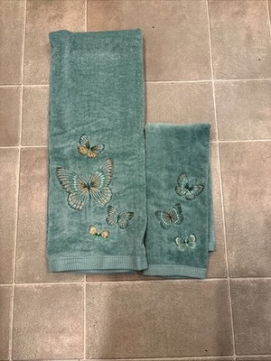 Ames All Cotton Face Hand Towel & Bath Towel Green/Gold Sparkle Butterfly