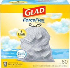 Glad ForceFlex Tall Kitchen Trash Bags 13 Gallon Grey Fresh Clean Febreze Scent
