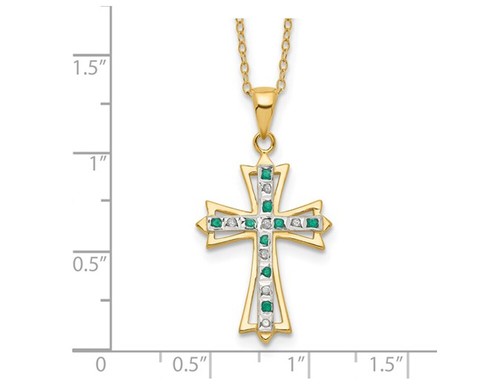 Emerald and Diamond Cross Pendant Necklace in Sterling Silver with Yellow Gold - Picture 2 of 5