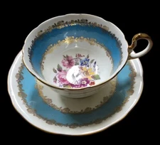 Aynsley Aqua Floral with Gold Rim Tea Cup & Saucer MINT